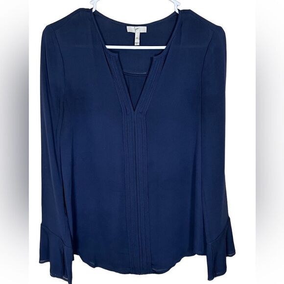 Joie tunic Silk Blouse Navy Blue ruffle long‎ sleeves size XS - Picture 1 of 8